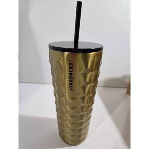 Starbucks Christmas Tumbler Gold 2024 Straw 24 oz RARE NWT